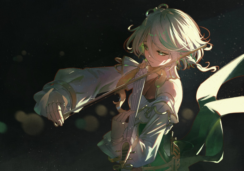 1girl, absurdres, aqua_eyes, ascot, bare_shoulders, black_background, bow_(music), braid