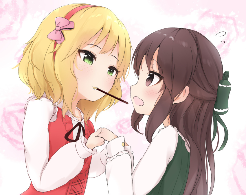 2girls, blonde_hair, blush, bow, brown_eyes, brown_hair, commentary_request, dress