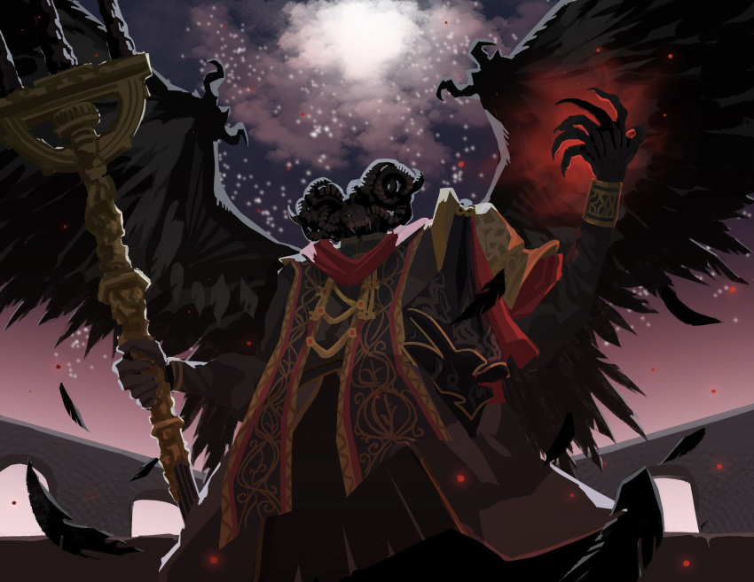 1boy, asymmetrical_horns, elden_ring, highres, holding_own_horn, holding_trident, horns, mismatched_horns, missing_eye, mohg_lord_of_blood, multiple_horns, ornate_clothes, polearm, robe, trident, weapon, wings, yuec