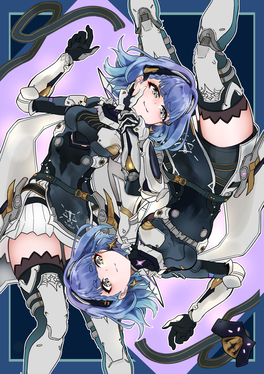 2girls, absurdres, alisa_(punishing:_gray_raven), black_bodysuit, black_hairband, blue_hair, bodysuit, braid