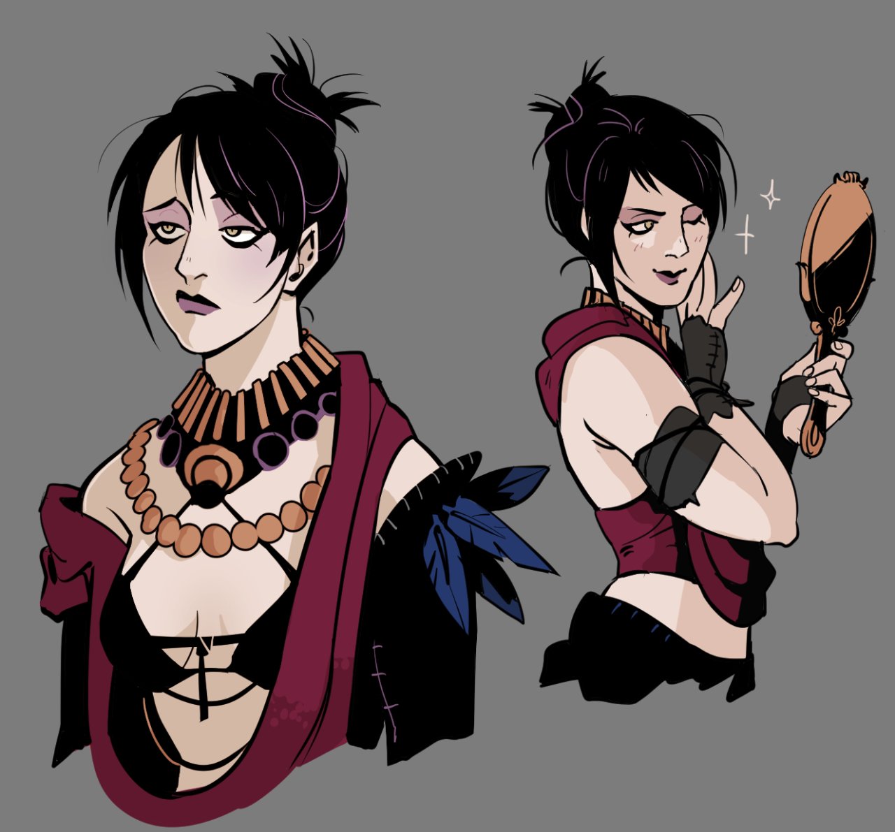 1girl, ;), black_feathers, black_hair, breasts, dragon_age, dragon_age:_inquisition, dragon_age:_origins, feathers, galgant, gloves, jewelry, looking_at_mirror, makeup, mirror, morrigan_(dragon_age), necklace, one_eye_closed, short_hair, smile, solo, yellow_eyes