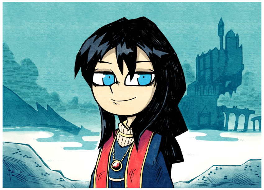 1girl, blue_eyes, blue_robe, brown_hair, castle, chibi, elden_ring, jewelry