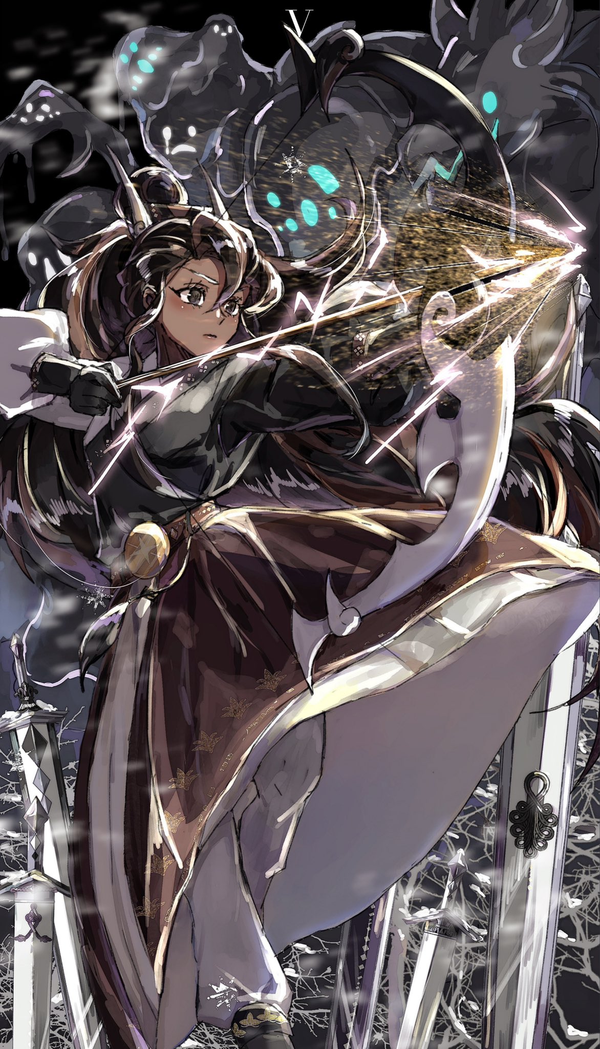 1girl, archery, arrow_(projectile), black_hair, bow_(weapon), brown_eyes, caramel_arrow_cookie, closed_mouth