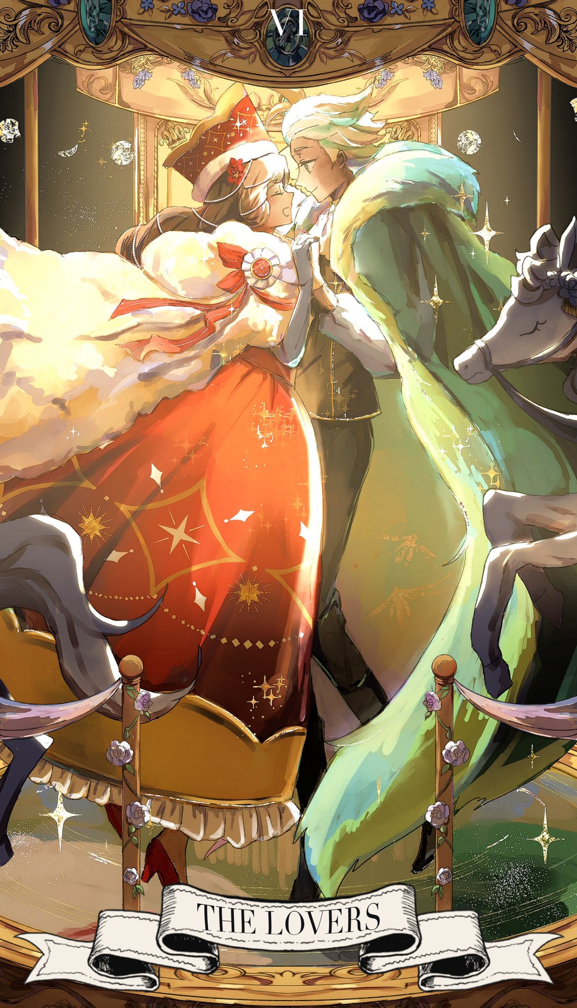 1boy, 1girl, brown_hair, carousel, cocoa_cookie, cookie_run, dark-skinned_male, dark_skin
