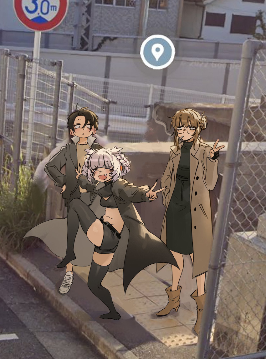 1boy, 2girls, black_cape, black_hair, black_nails, black_shorts, black_skirt, black_sweater
