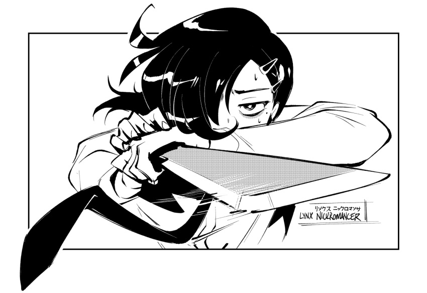 1girl, aiming, aiming_at_viewer, artist_name, black_border, border, chainsaw_man, cheesecakes_by_lynx