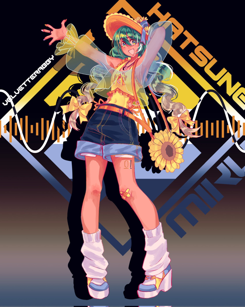 1girl, :d, arm_behind_head, aroace_flag, artist_name, bag, bandaid, bandaid_on_knee