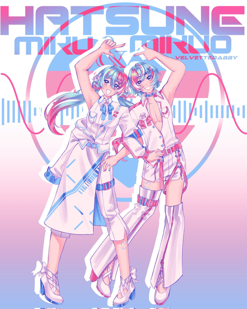 1boy, 1girl, :d, artist_name, belt, belt_collar, blue_background, blue_belt