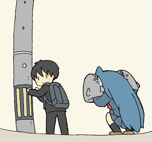 1boy, 1girl, arms_up, backpack, bag, black_hair, black_jacket, black_pants