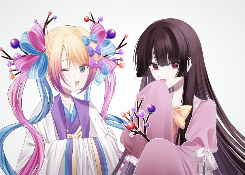 2girls, black_hair, blonde_hair, blue_bow, blue_eyes, bow, bowtie, branch, chinese_commentary, chouzetsusaikawa_tenshi-chan, commentary_request, dress, gekkou_chou, gradient_hair, hair_bow, hair_rings, hime_cut, houraisan_kaguya, japanese_clothes, jeweled_branch_of_hourai, juliet_sleeves, kimono, koniro999, long_hair, long_sleeves, looking_at_viewer, multicolored_hair, multiple_girls, needy_girl_overdose, one_eye_closed, open_mouth, pink_bow, pink_dress, pink_hair, puffy_sleeves, purple_bow, red_eyes, sidelocks, simple_background, smile, touhou, upper_body, very_long_hair, white_background, white_kimono, wide_sleeves, yellow_bow, yellow_bowtie