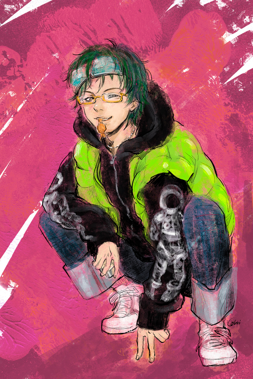 black_jacket, blue_headband, candy, cotori_(globule), denim, food, full_body, glasses, green_hair, green_vest, headband, highres, jacket, jewelry, long_sleeves, looking_at_viewer, mouth_hold, necklace, pink_background, shirt, shoes, short_hair, sneakers, solo, squatting, vest, white_shirt, wrapped_candy, yellow-framed_eyewear