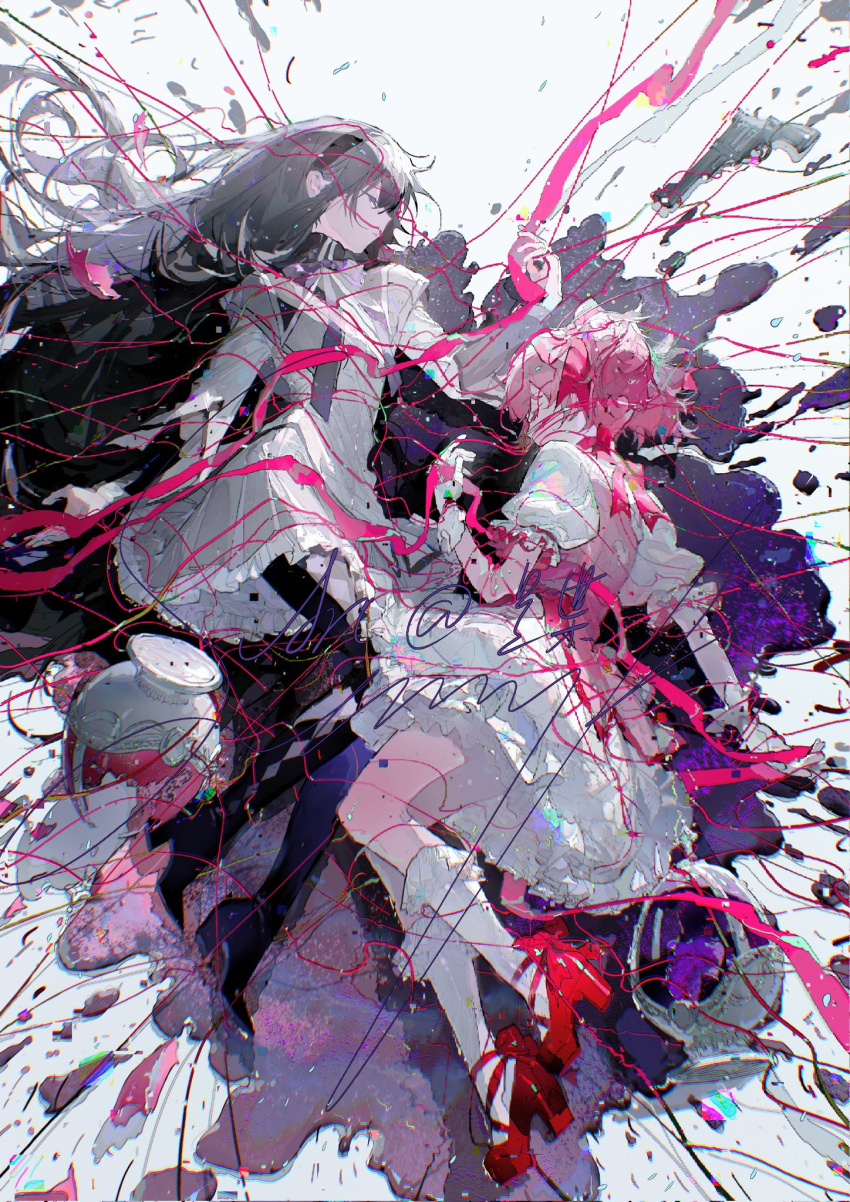 2girls, akemi_homura_(magical_girl), argyle_clothes, argyle_legwear, black_footwear, black_hair, boots, bow