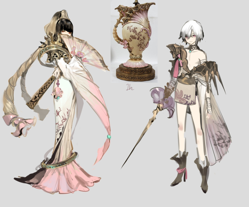 1boy, 1girl, bandaged_arm, bandaged_wrist, bandages, black_hair, blunt_bangs, boots, choker, dress, dual_wielding, full_body, furisode, grey_background, hagoromo, hand_fan, high_heel_boots, high_heels, highres, hiki_furisode, holding, holding_fan, holding_sword, holding_weapon, japanese_clothes, kimono, kuzuvine, loincloth, long_dress, original, personification, photo_inset, red_eyes, reference_inset, shawl, shrug_(clothing), side_cape, simple_background, single_off_shoulder, sketch, smile, split_ponytail, sword, three_quarter_view, weapon, white_background, white_hair, wide_sleeves