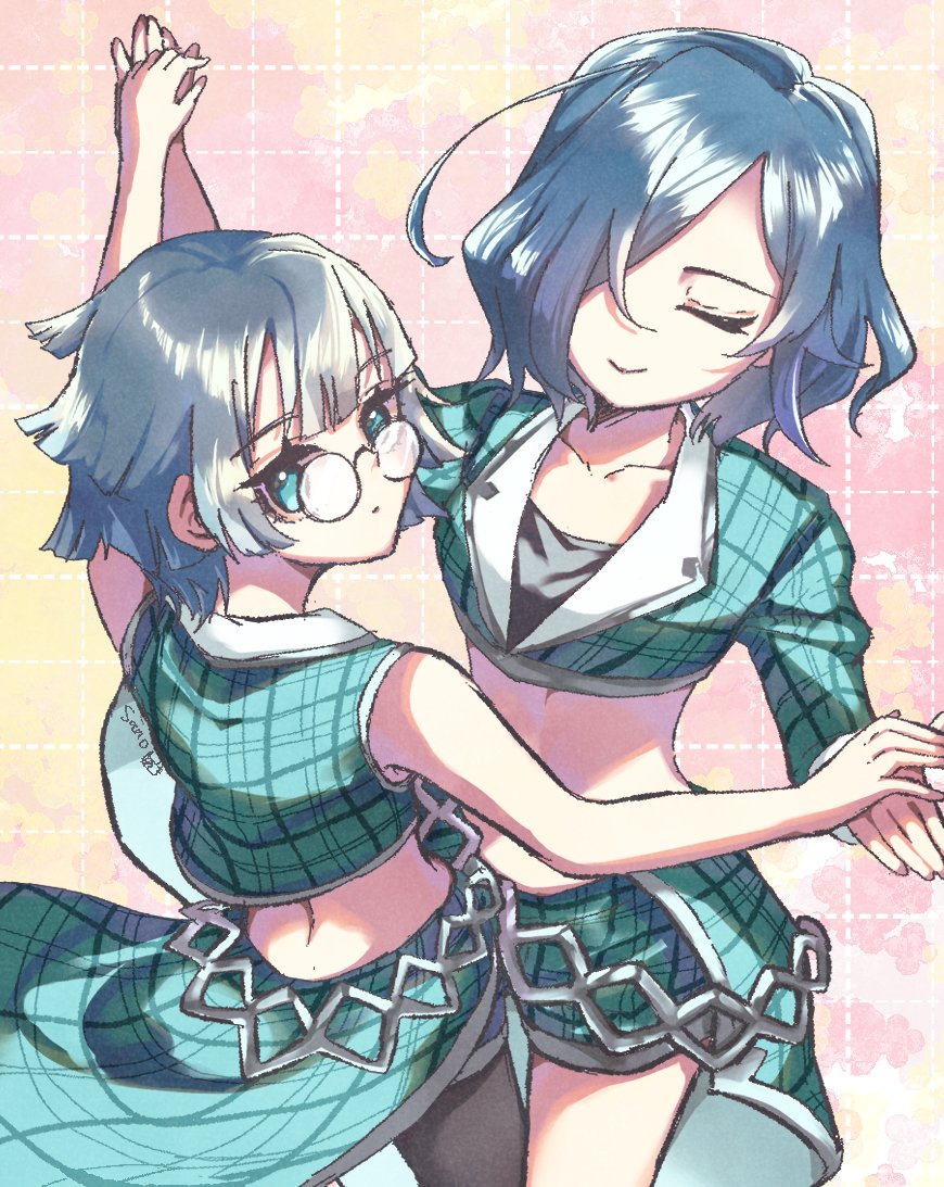 2girls, asymmetrical_clothes, blue_eyes, blue_hair, closed_eyes, coattails, collarbone, crop_top