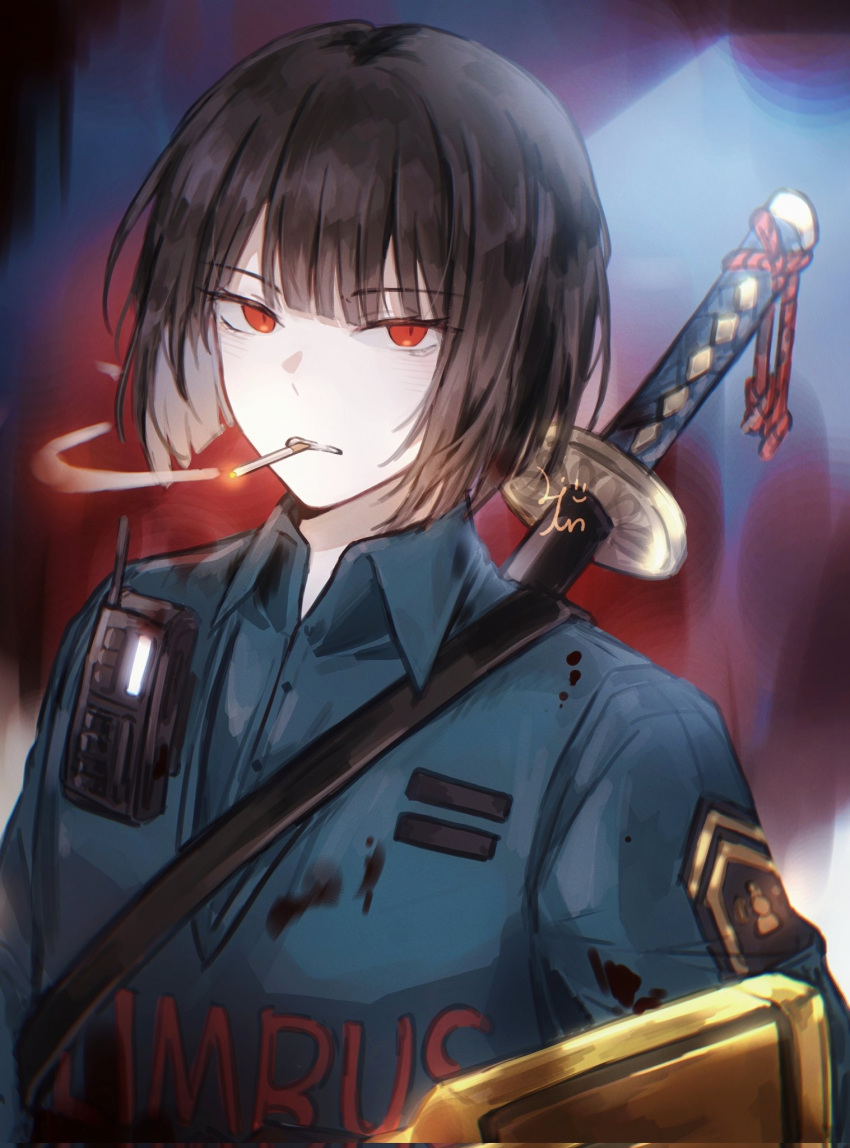 1girl, black_hair, blue_shirt, blue_vest, cigarette, collared_shirt, highres, laenjen78201, lccb_(identity)_(project_moon), limbus_company, long_sleeves, looking_at_viewer, ootachi, project_moon, ryoshu_(project_moon), shirt, short_hair, smoking, solo, upper_body, vest, walkie-talkie