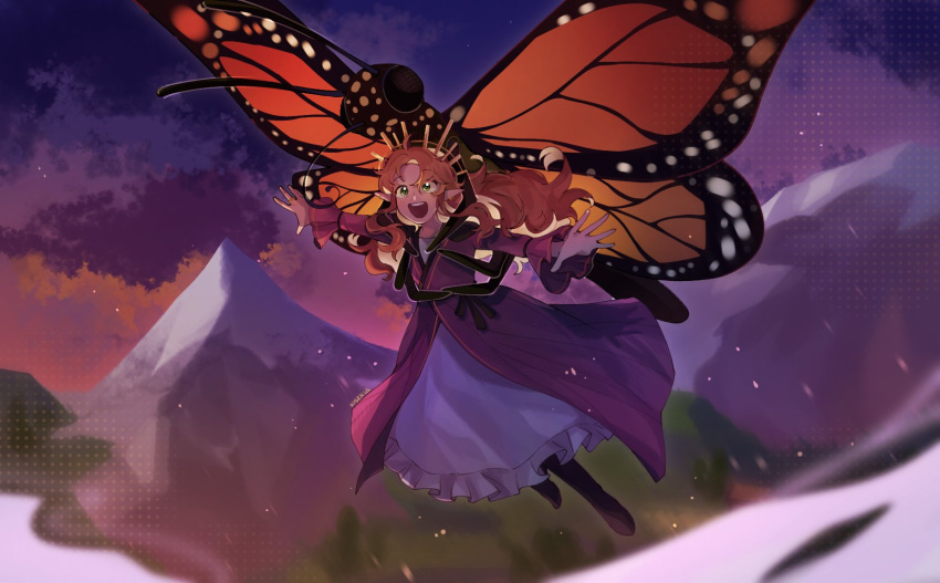 1girl, animal, bug, butterfly, clouds, crown, dress, empires_smp