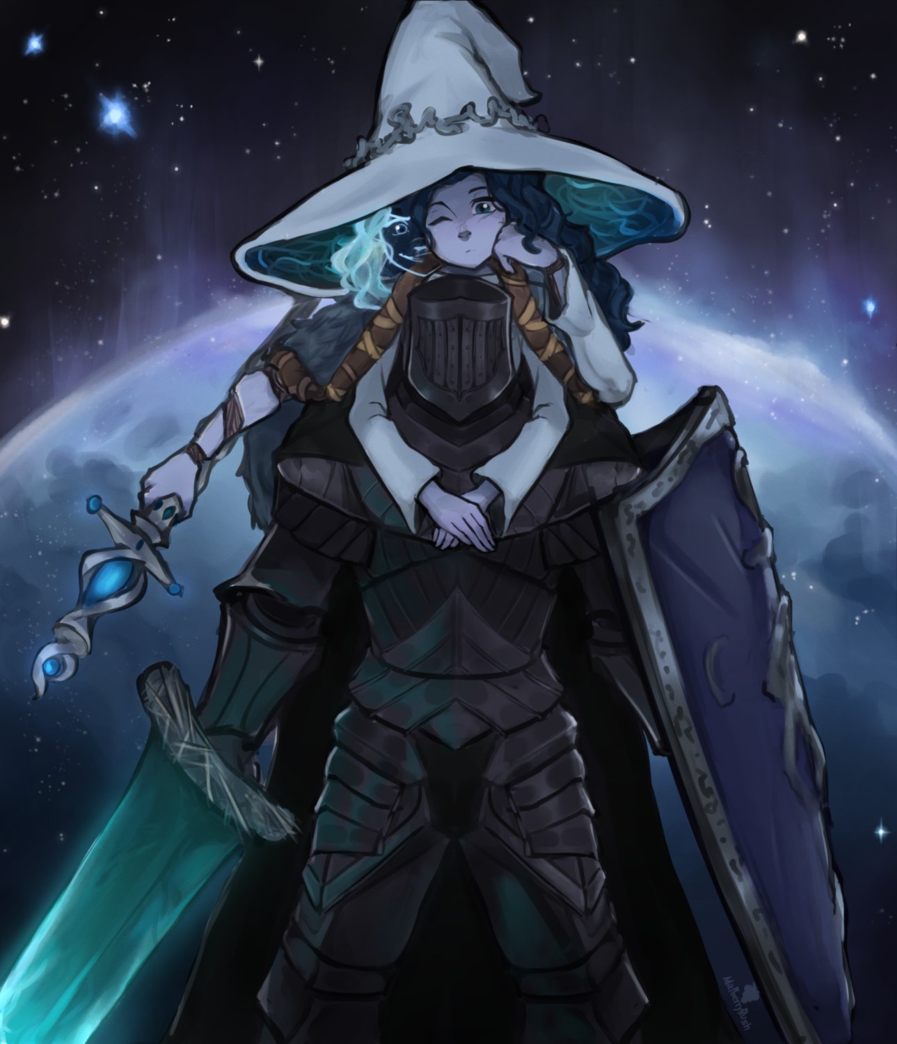 1girl, 1other, ambiguous_gender, armor, artist_name, blue_eyes, blue_hair, blue_skin
