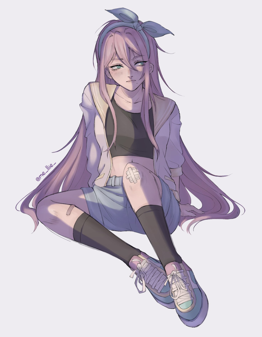 1girl, arm_support, aubrey_(faraway)_(omori), aubrey_(omori), blue_eyes, blue_shorts, collarbone, crop_top
