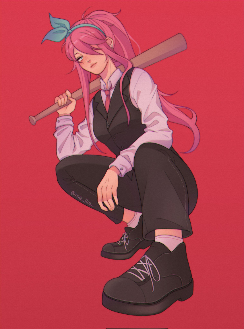 1girl, alternate_costume, alternate_hairstyle, aubrey_(faraway)_(omori), aubrey_(omori), baseball_bat, black_footwear, black_pants