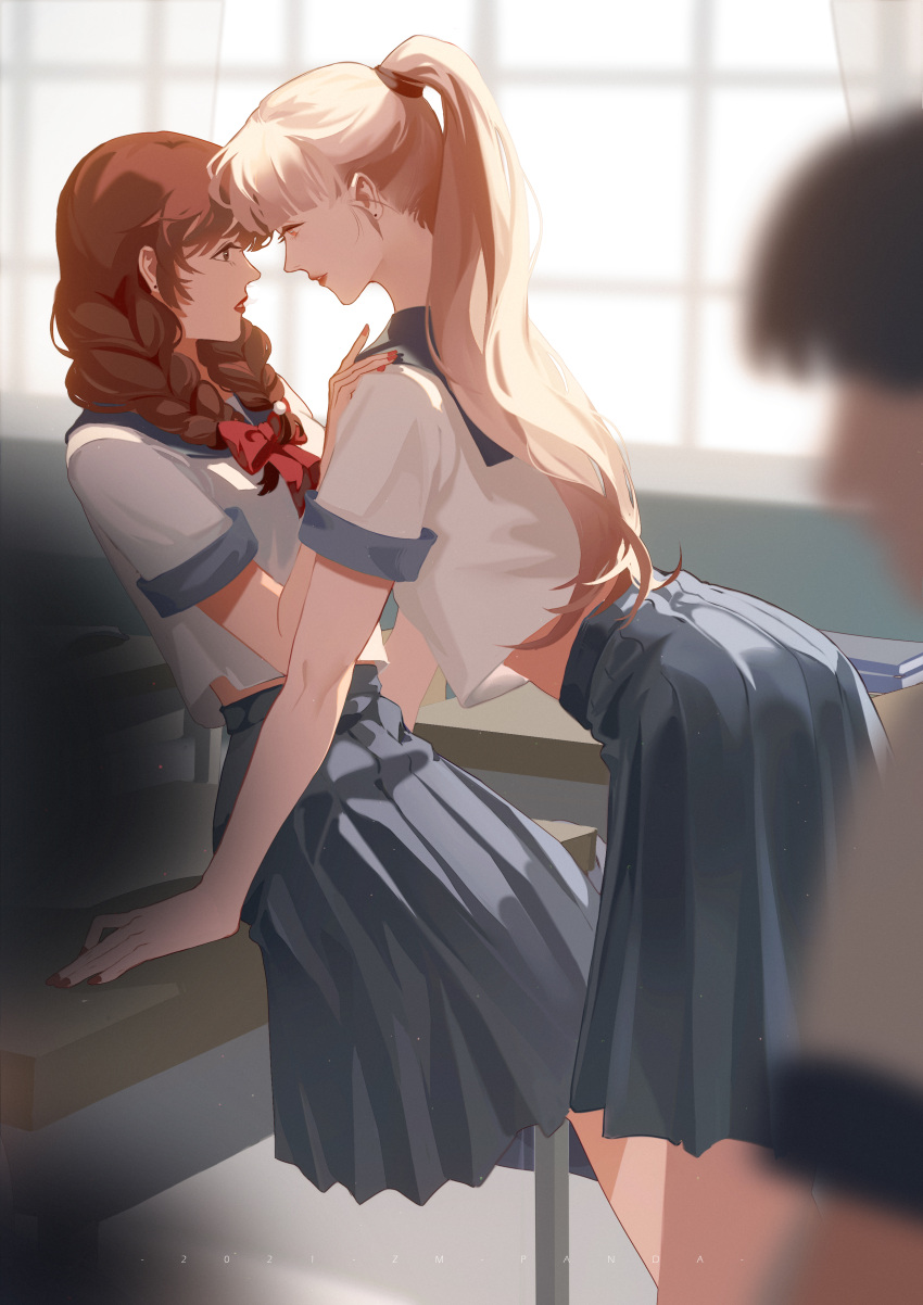 2021, 2girls, absurdres, artist_name, assertive_female, bare_arms, blonde_hair, blue_skirt