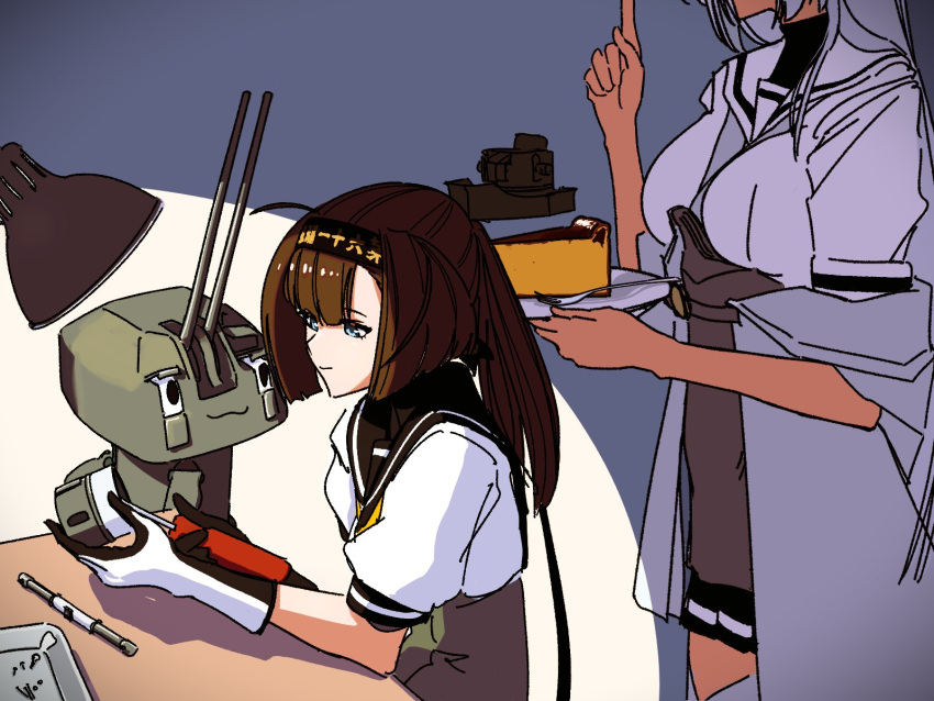 2girls, akizuki_(kancolle), black_hair, black_headband, black_sailor_collar, blue_eyes, breasts, cake