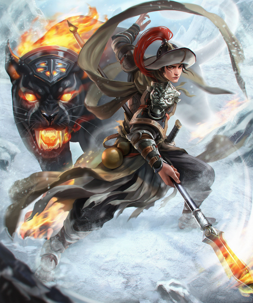 1boy, armlet, armor, black_eyes, black_hair, black_panther, chinese_armor, closed_mouth, fire, flaming_weapon, full_armor, full_body, highres, holding, holding_polearm, holding_weapon, ji_zhang, lin_chong, looking_at_viewer, looking_back, male_focus, original, outdoors, pauldrons, polearm, shoulder_armor, snowing, weapon, winter