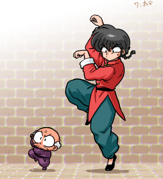 >:(, 2boys, arms_up, balding, belt, black_belt, black_footwear, black_hair