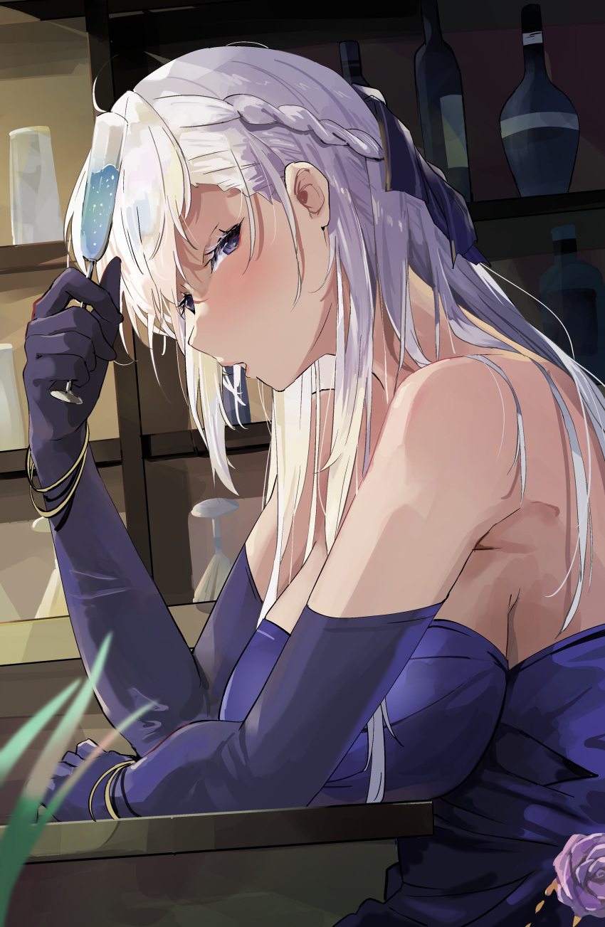 1girl, absurdres, alcohol, arm_rest, azur_lane, belfast_(azur_lane), belfast_(the_noble_attendant)_(azur_lane), blush
