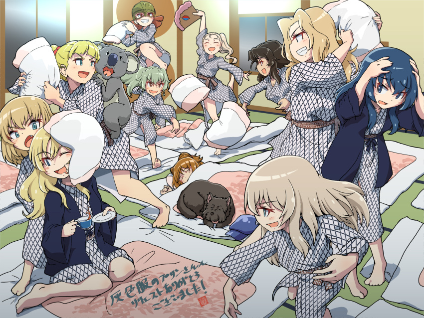 6+girls, absurdres, alternate_hairstyle, anchovy_(girls_und_panzer), arm_up, artist_logo, barefoot, bath_yukata