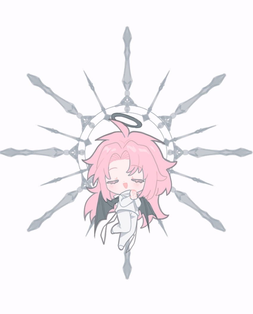 1boy, black_halo, chibi, chibi_only, closed_eyes, commentary_request, demon_boy, demon_wings