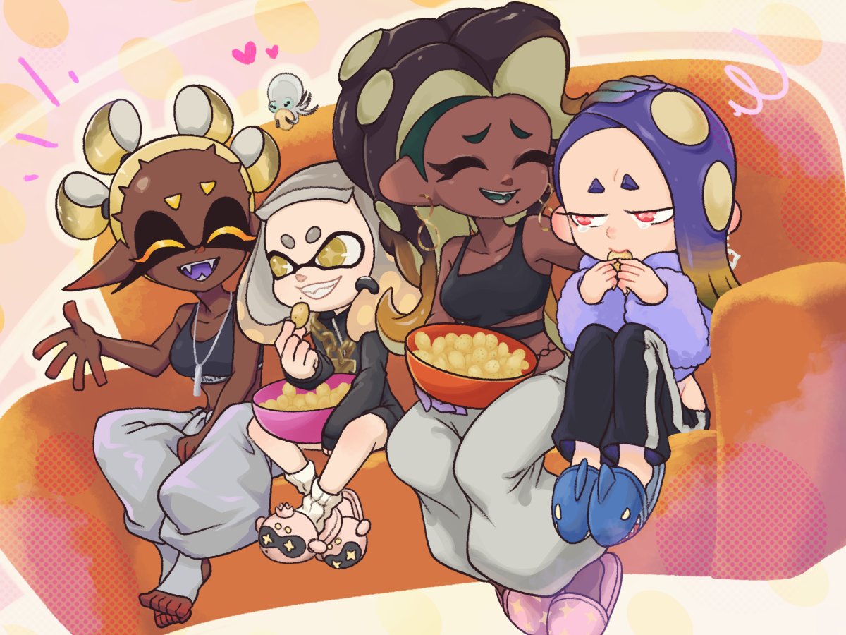 4girls, alternate_costume, chips_(food), closed_eyes, couch, crying, crying_with_eyes_open, dark-skinned_female, dark_skin, earrings, food, frye_(splatoon), jewelry, marina_(splatoon), mian_noodle, mole, multiple_girls, pearl_(splatoon), potato_chips, shiver_(splatoon), slippers, smollusk_(splatoon), splatoon_(series), splatoon_3, sports_bra, tears