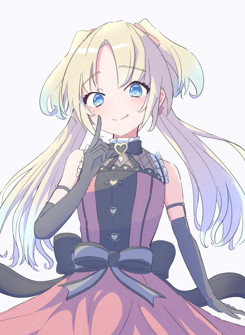 1girl, back_bow, black_bow, black_bowtie, black_gloves, blonde_hair, blue_eyes, blue_hair, bow, bowtie, brooch, closed_mouth, dress, elbow_gloves, fang, fang_out, gloves, gradient_hair, grey_background, hair_ribbon, heart, heart_brooch, highres, index_finger_raised, jewelry, junnatsu, light_blue_hair, link!_like!_love_live!, long_hair, looking_at_viewer, love_live!, miracreation, multicolored_hair, official_alternate_costume, osawa_rurino, pale_color, parted_bangs, pink_dress, pink_ribbon, ribbon, sleeveless, sleeveless_dress, smile, solo, split_mouth, twintails, upper_body, virtual_youtuber, waist_ribbon, white_ribbon