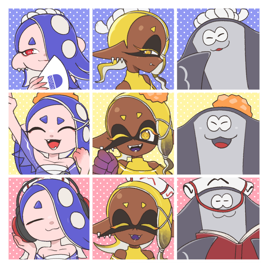 1boy, 2girls, :3, big_man_(splatoon), big_man_(splatoon)_(cosplay), book, closed_eyes, cosplay