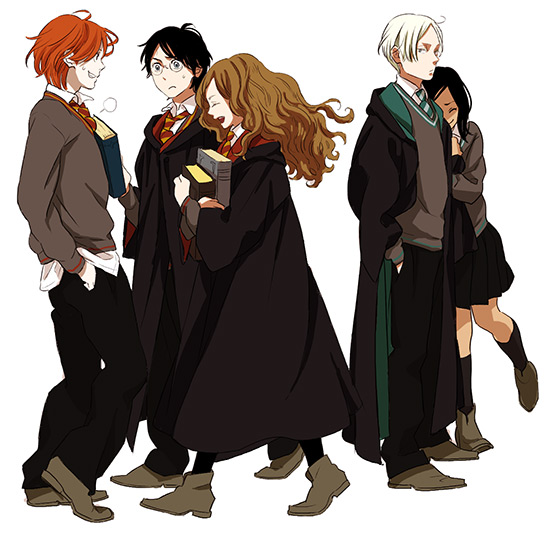 3boys, black_hair, book, brown_hair, cloak, draco_malfoy, glasses, hands_in_pockets