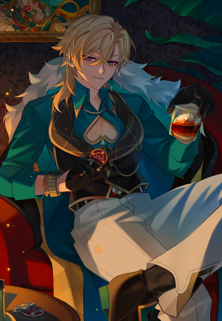 1boy, absurdres, alcohol, aqua_shirt, argyle_clothes, argyle_socks, aventurine_(honkai:_star_rail), belt