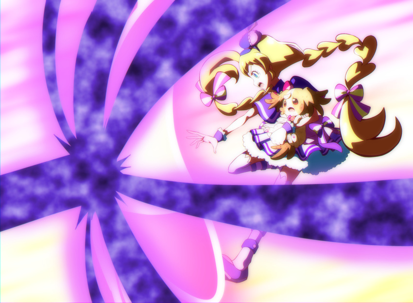 2girls, @est@, animal, barrier, blocking, blonde_hair, blue_eyes, bow