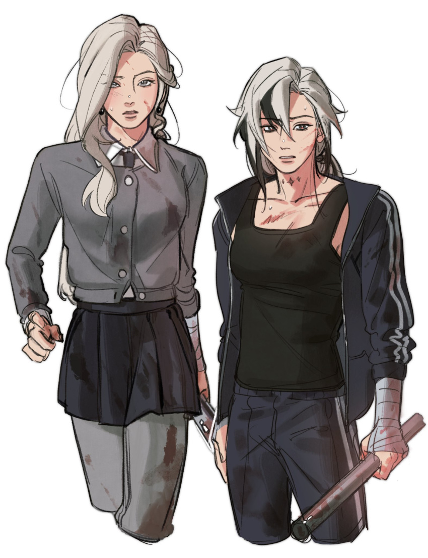 2girls, alternate_costume, alternate_universe, arlecchino_(genshin_impact), black_hair, black_skirt, black_tank_top, blazer