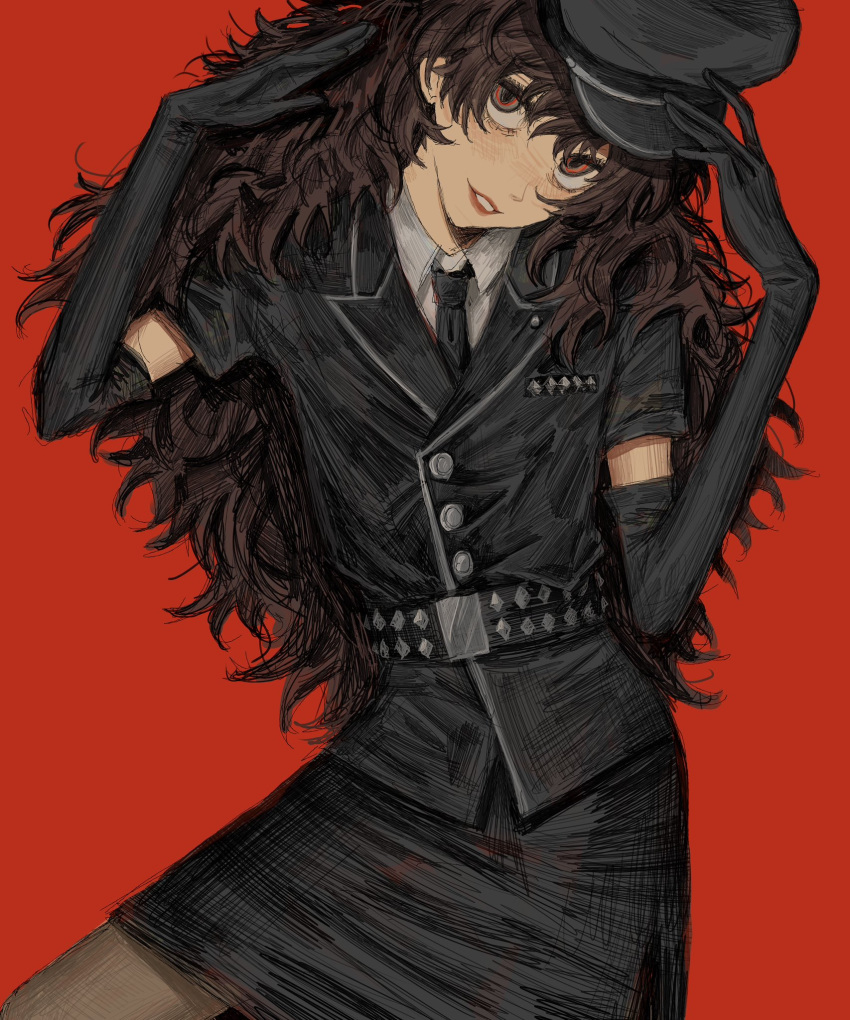 1boy, amamiya_ren, black_gloves, black_hair, black_hat, black_skirt, collared_shirt, crossdressing, elbow_gloves, gloves, hair_between_eyes, hat, highres, looking_at_viewer, male_focus, nmlt777, otoko_no_ko, parted_lips, persona, persona_5, persona_5:_dancing_star_night, persona_dancing, police, police_uniform, red_background, red_eyes, shirt, short_sleeves, simple_background, skirt, solo, uniform, white_shirt