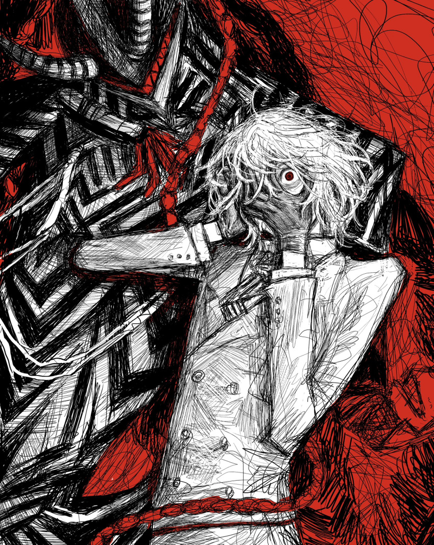 1boy, akechi_gorou, gloves, hair_between_eyes, hands_on_own_face, highres, horns, jacket, limited_palette, loki_(persona_5), long_sleeves, male_focus, necktie, nmlt777, persona, persona_5, red_eyes, shirt, simple_background, striped_horns, striped_necktie