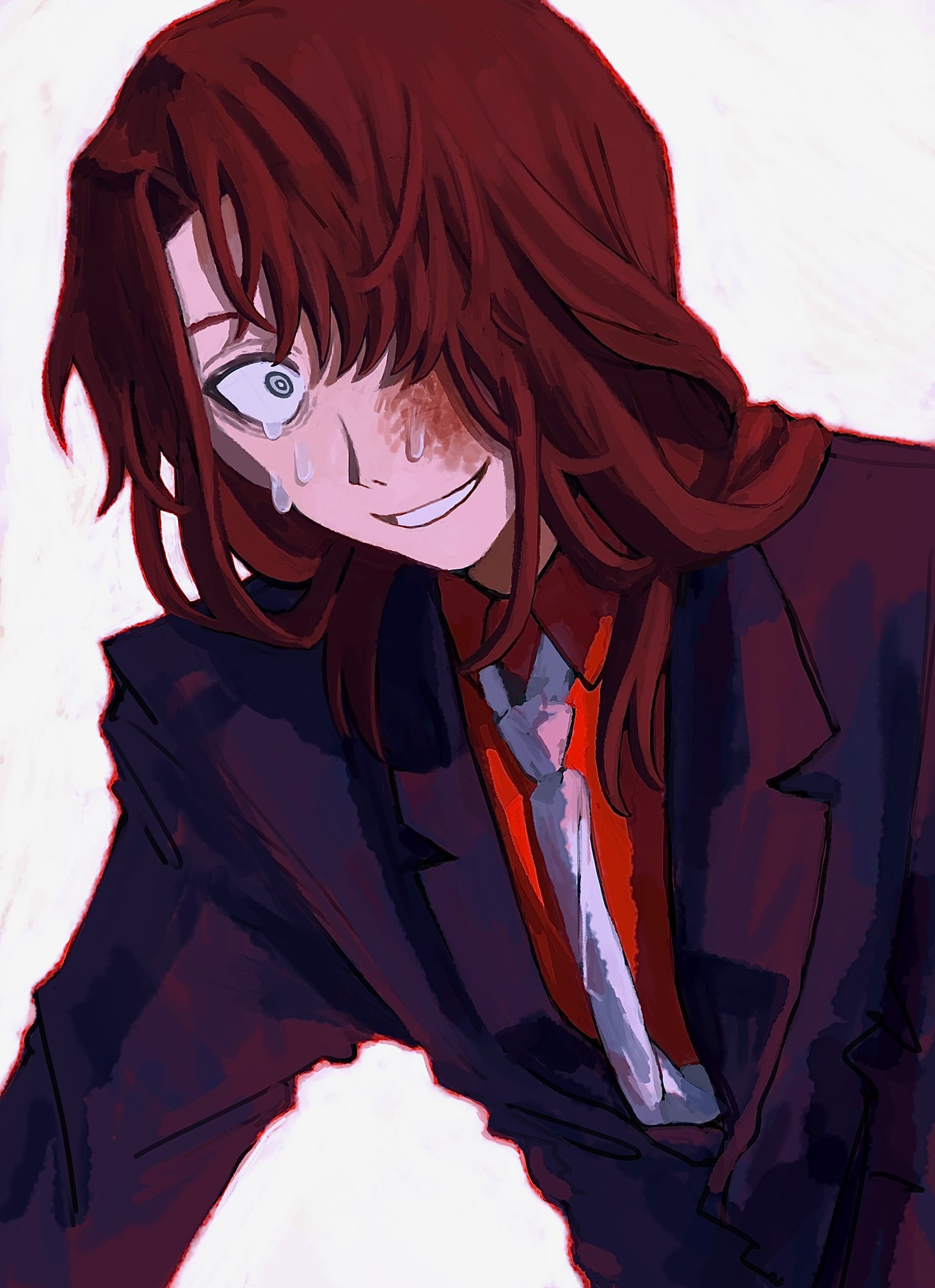 1boy, black_jacket, blood, blood_on_face, blue_eyes, collared_shirt, commentary_request, crying