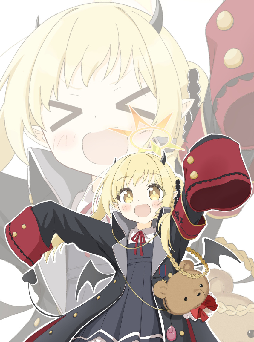 >_<, 1girl, :d, absurdres, armband, black_horns, black_ribbon, black_tail