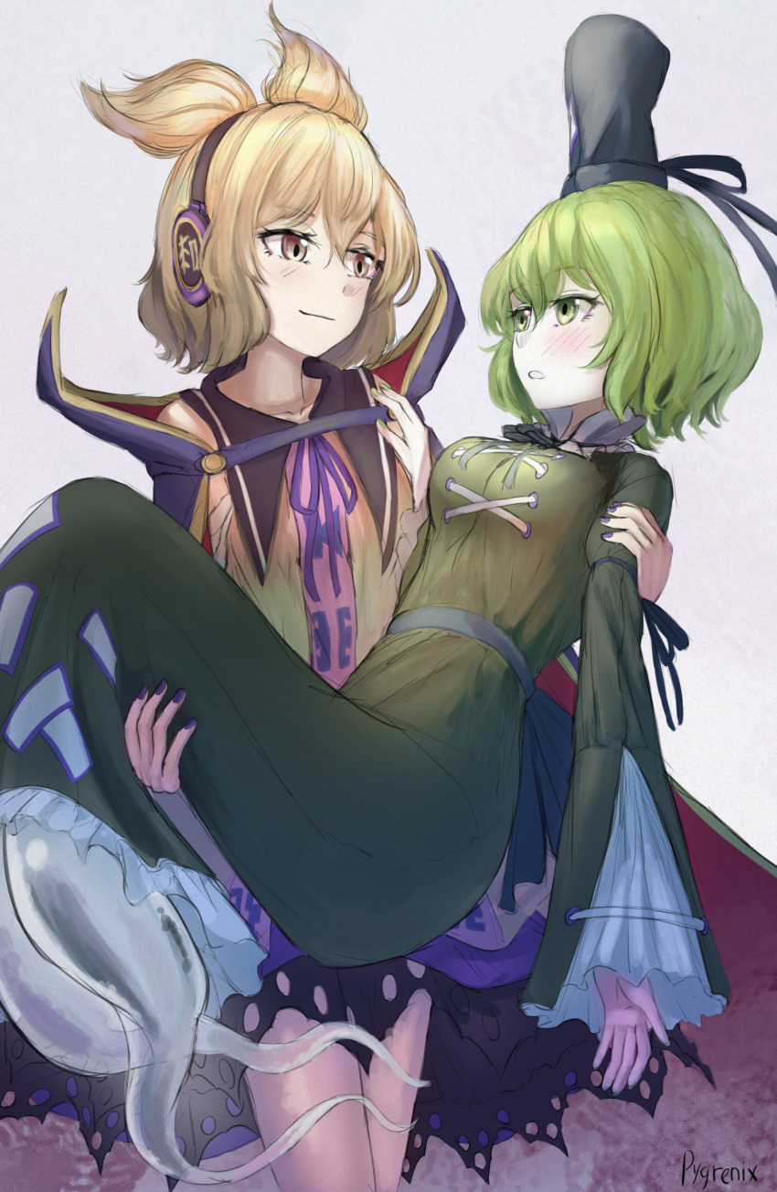 2girls, black_hat, blush, brown_eyes, brown_hair, cape, carrying, closed_mouth, commentary, earmuffs, ghost_tail, green_eyes, green_hair, grey_background, hat, highres, long_sleeves, looking_at_another, multiple_girls, ofuda, ofuda_on_clothes, pointy_hair, princess_carry, pygrenix, short_hair, simple_background, soga_no_tojiko, tate_eboshi, touhou, toyosatomimi_no_miko, yuri