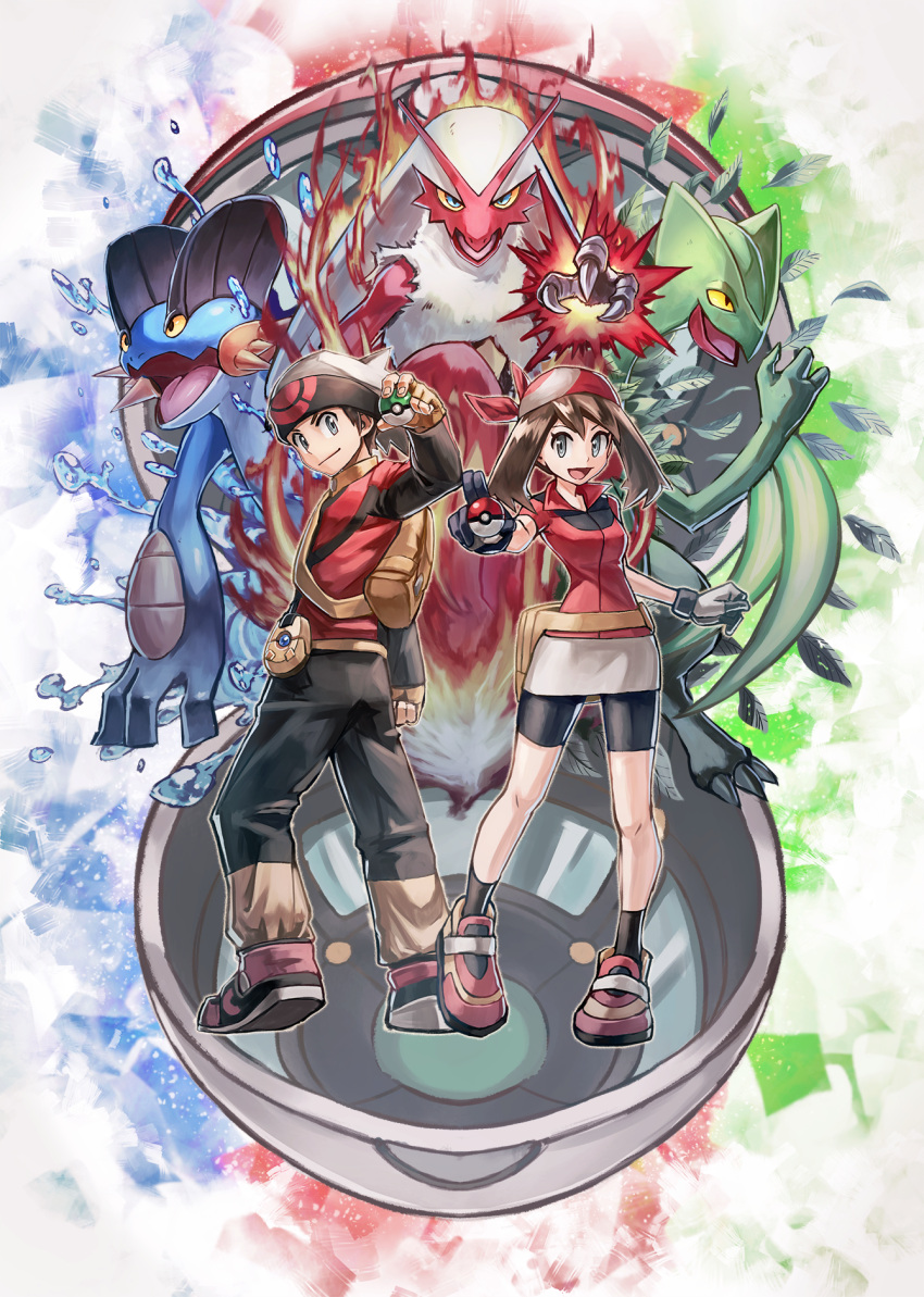 1boy, 1girl, ankle_socks, bag, bandana, beanie, bike_shorts, black_pants