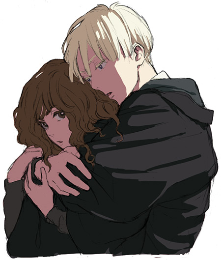 1girl, couple, draco_malfoy, harry_potter, hermione_granger, hug, hug_from_behind, maiko_(setllon)