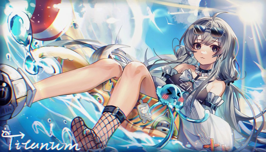 1girl, absurdres, ahoge, bare_shoulders, black_choker, black_eyes, black_one-piece_swimsuit, casual_one-piece_swimsuit