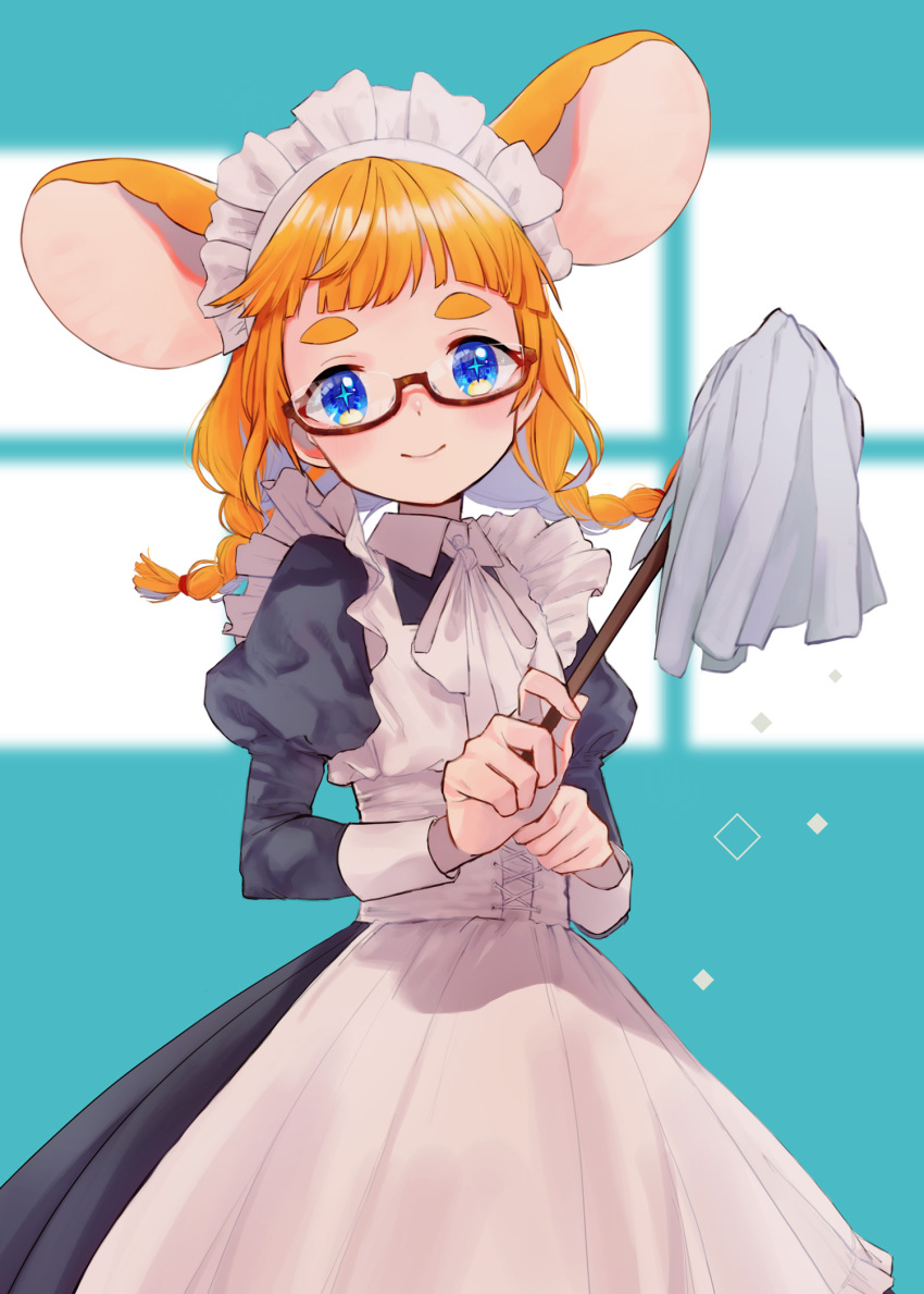 +_+, 1girl, alternate_costume, animal_ears, apron, aqua_background, blue_dress, blue_eyes