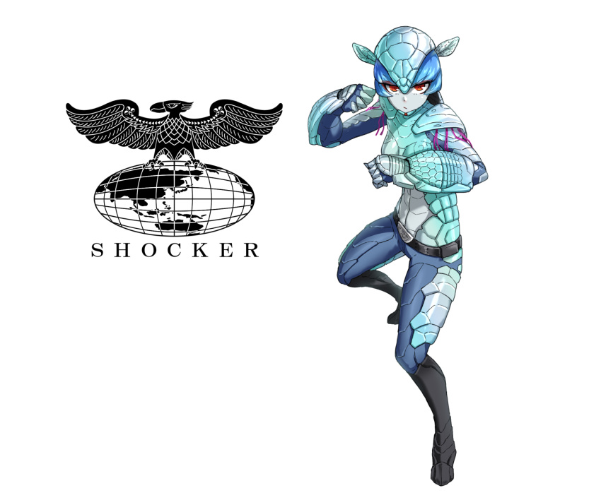 1girl, armadillo_ears, armadillo_shell, armadillong, belt, belt_buckle, black_belt, black_footwear, blue_hair, boots, buckle, clenched_hands, colored_skin, commentary, cyborg, eidenjyou1997, english_commentary, fighting_stance, genderswap, genderswap_(mtf), grey_skin, highres, kaijin, kamen_rider, kamen_rider_(1st_series), knee_boots, logo, monster_girl, orange_eyes, shocker_(kamen_rider), simple_background, solo, white_background