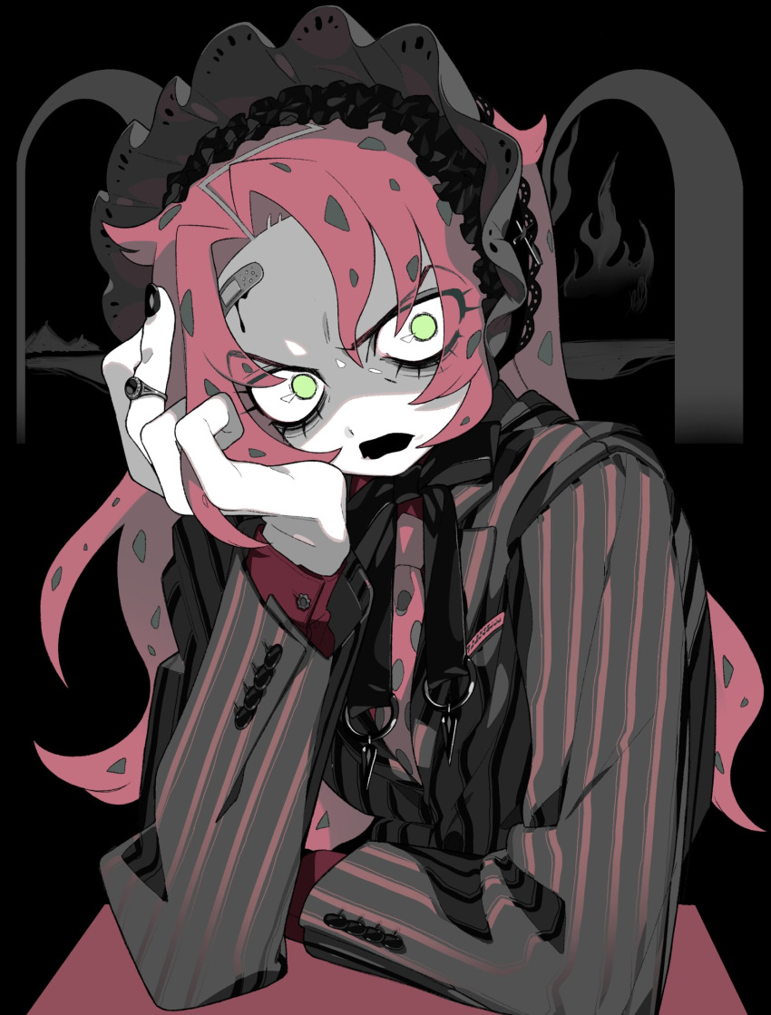 1boy, bandaid, bandaid_on_face, bandaid_on_forehead, black_bow, bonnet, bow, c73an, commentary, diavolo, eyelashes, green_eyes, hand_on_own_face, highres, jacket, jewelry, jojo_no_kimyou_na_bouken, lipstick, long_hair, looking_at_viewer, makeup, male_focus, polka_dot_necktie, ring, shaded_face, solo, striped_clothes, striped_jacket, symbol-only_commentary, vento_aureo, vertical-striped_clothes, vertical-striped_jacket, very_long_hair