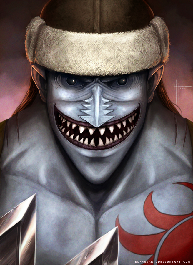 1boy, arlong, artist_name, black_eyes, black_hair, blue_skin, chest_tattoo, clenched_teeth