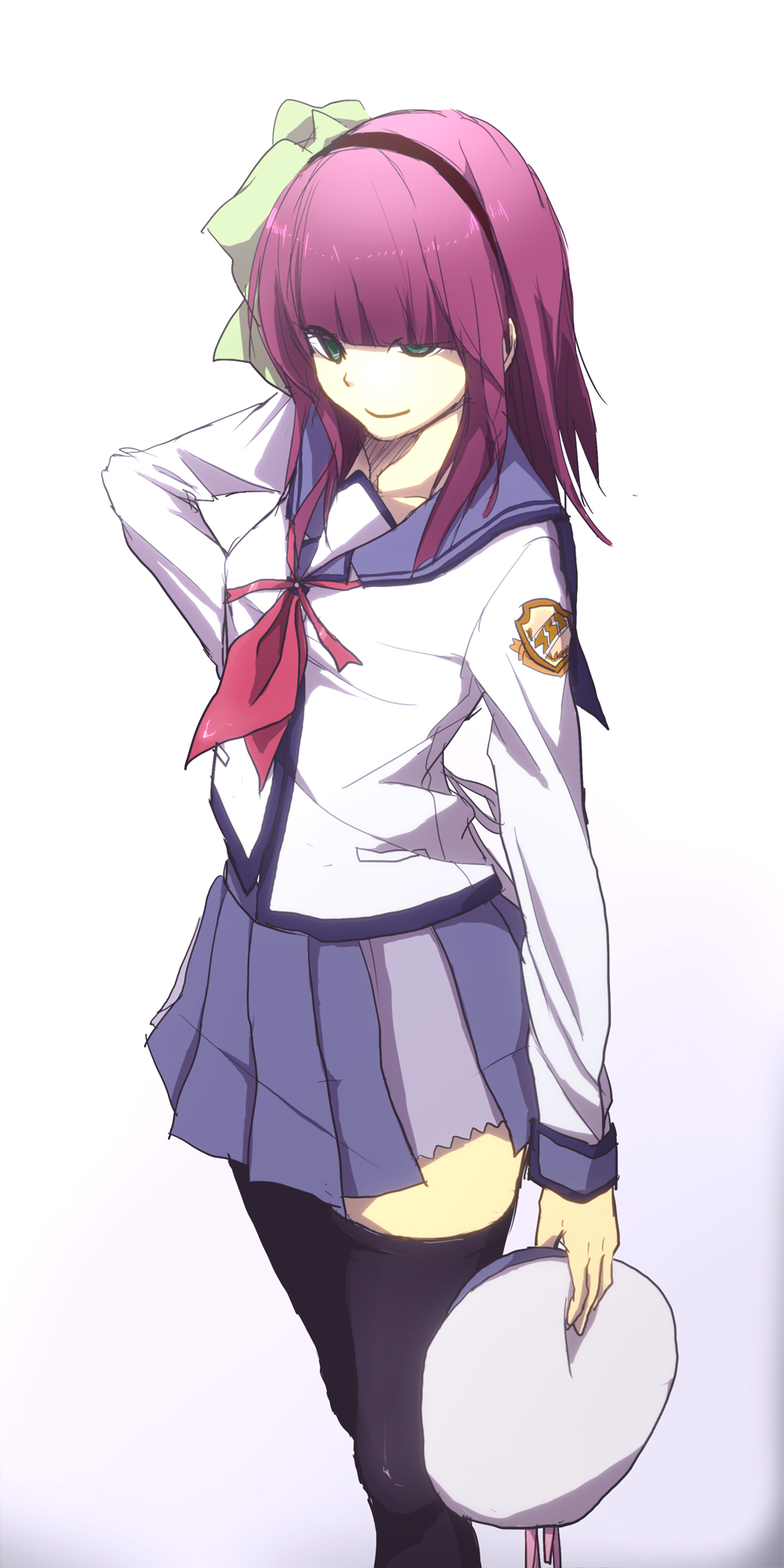 beret, green_eyes, hairband, hat, highres, kawamegu, purple_hair, school_uniform, serafuku, short_hair, thigh-highs, thighhighs, yuri_(angel_beats!)